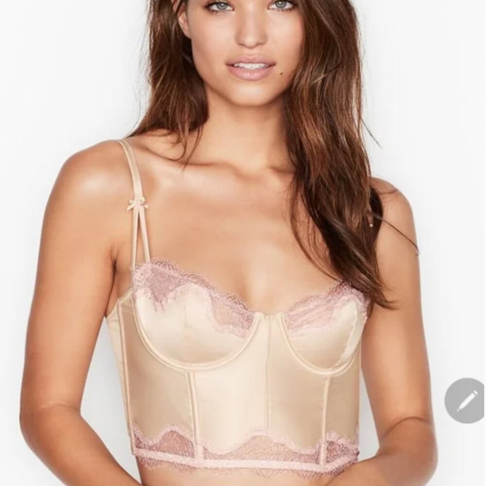 Victoria's Secret Dream Angels Unlined Balconette Longline Bra Bustier Lace 38C